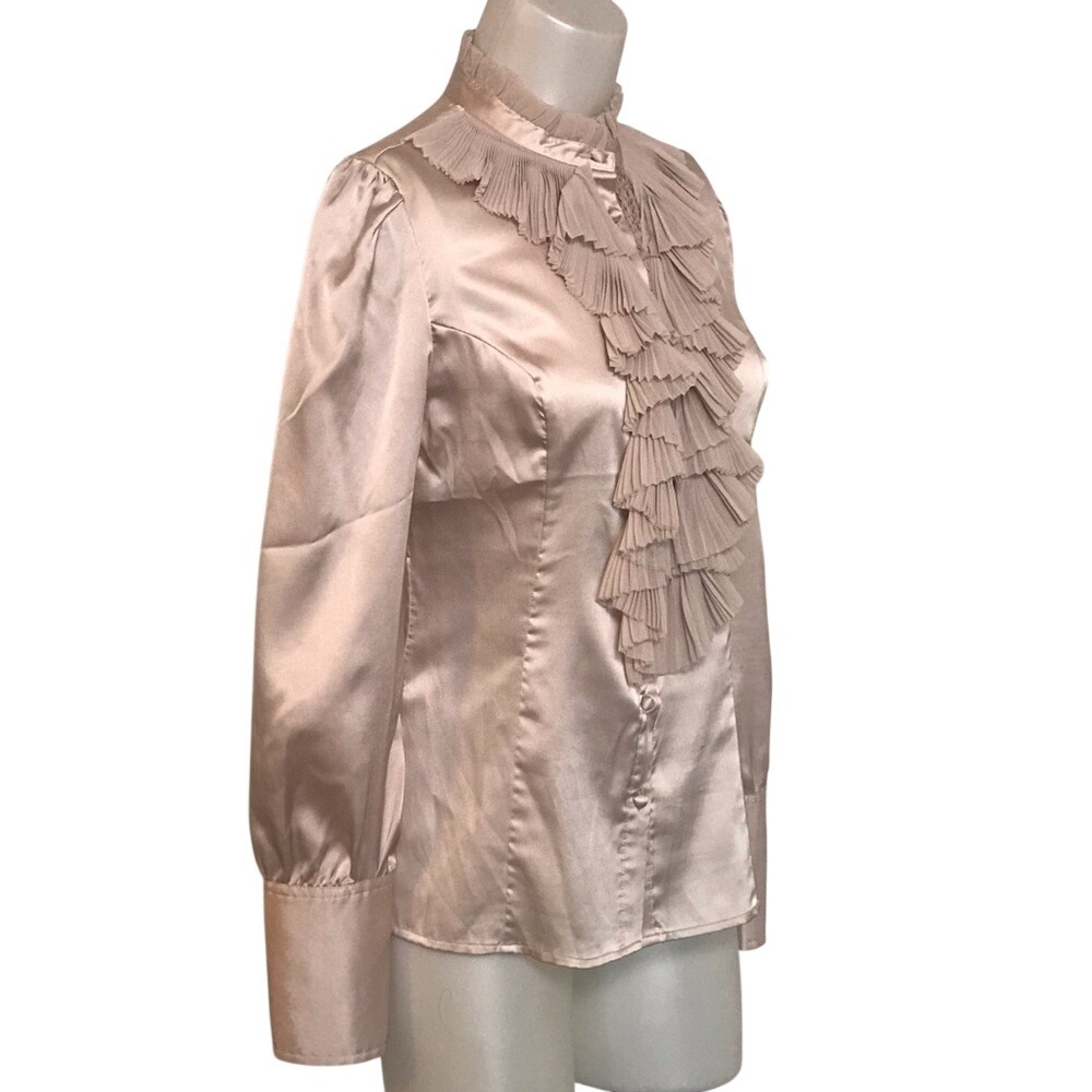 CHAMPAGNE SATIN RUFFLE PLEATED BLOUSE - Picture 3 of 7